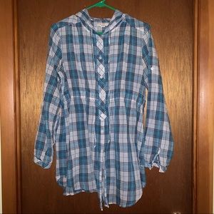 Women’s M XXI Lightweight Blue White Plaid Hooded Button Front Tunic Top